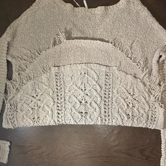 Free People Tan Crew Neck Sweater with Intricate Knit Pattern - Picture 8 of 12